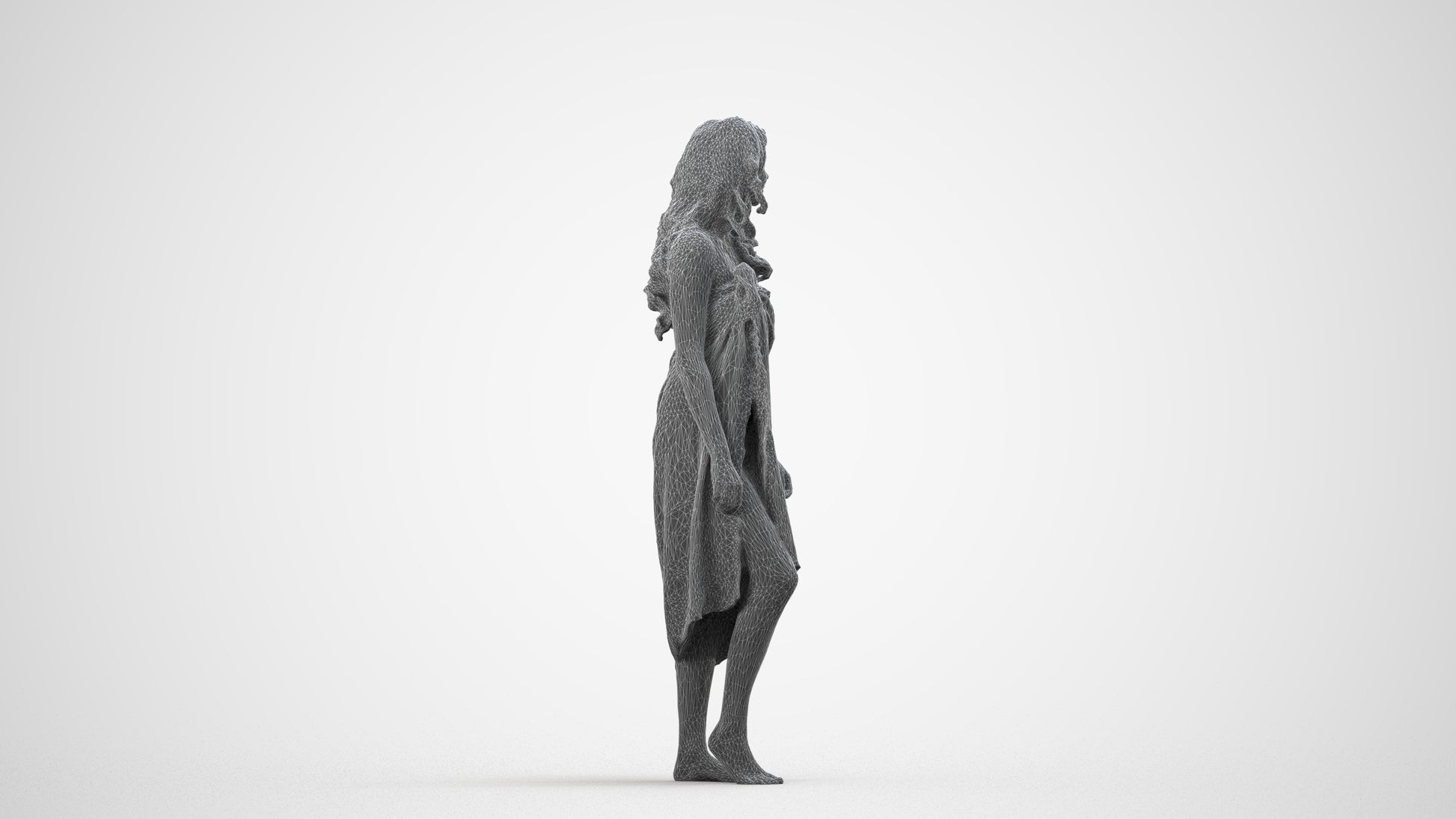 3D human model woman pool, photogrammetry scanned person for archviz, wireframe side view