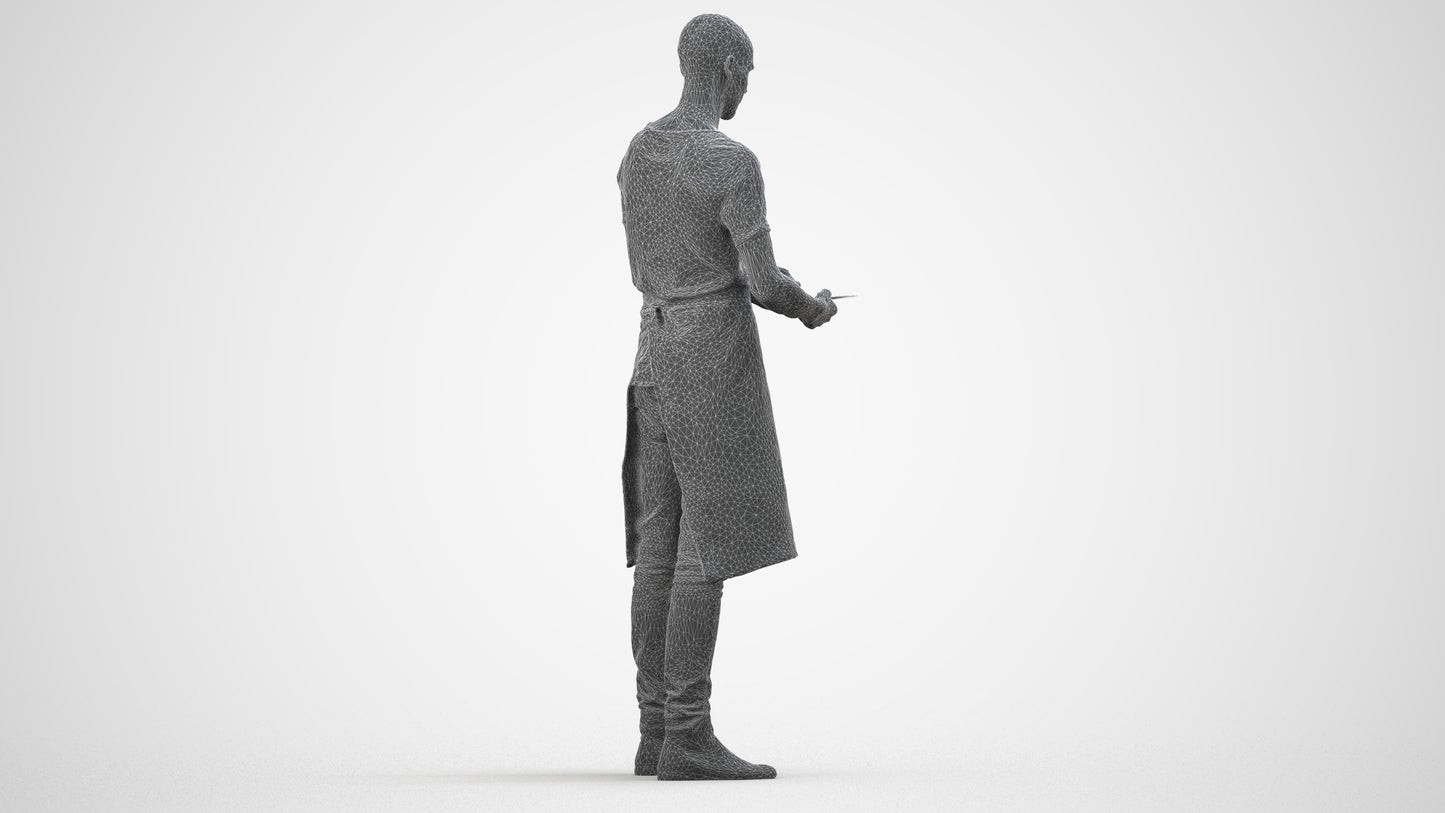 3D human model man hospitality, photogrammetry scanned person for archviz, wireframe side view