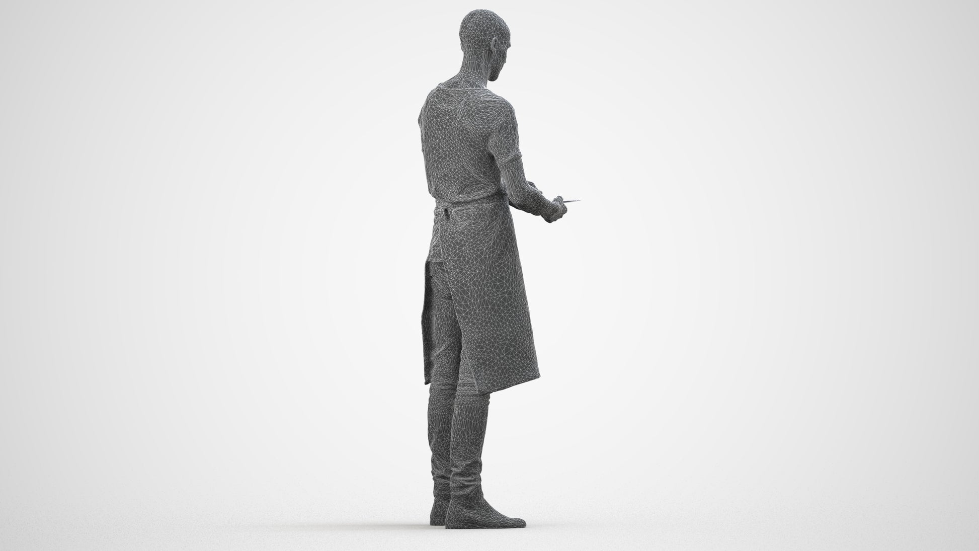 3D human model man hospitality, photogrammetry scanned person for archviz, wireframe side view