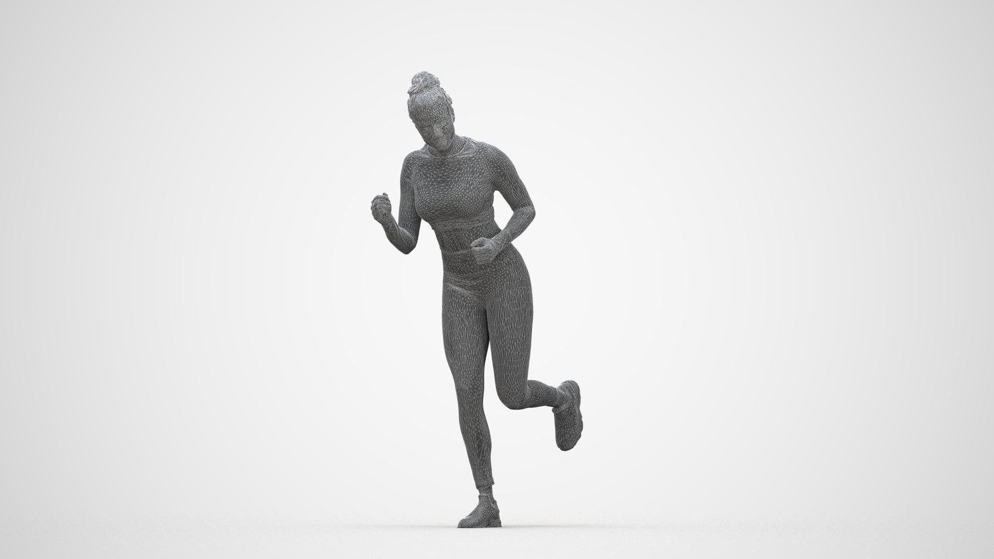 3D human model woman sport, photogrammetry scanned person for archviz, wireframe back view