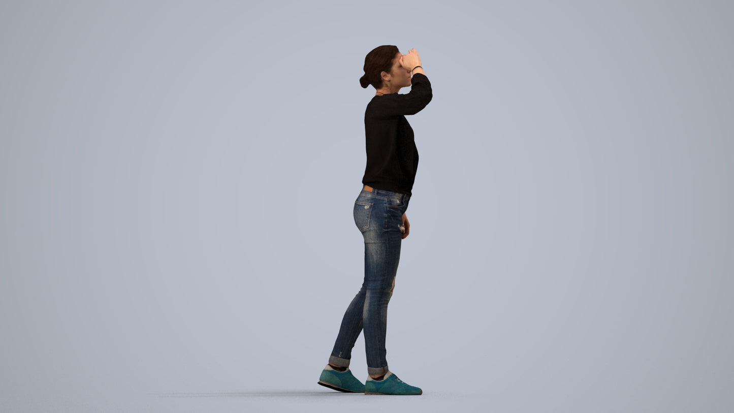 3D scanned woman standing casual, photorealistic archviz people for Enscape and SketchUp, side view render