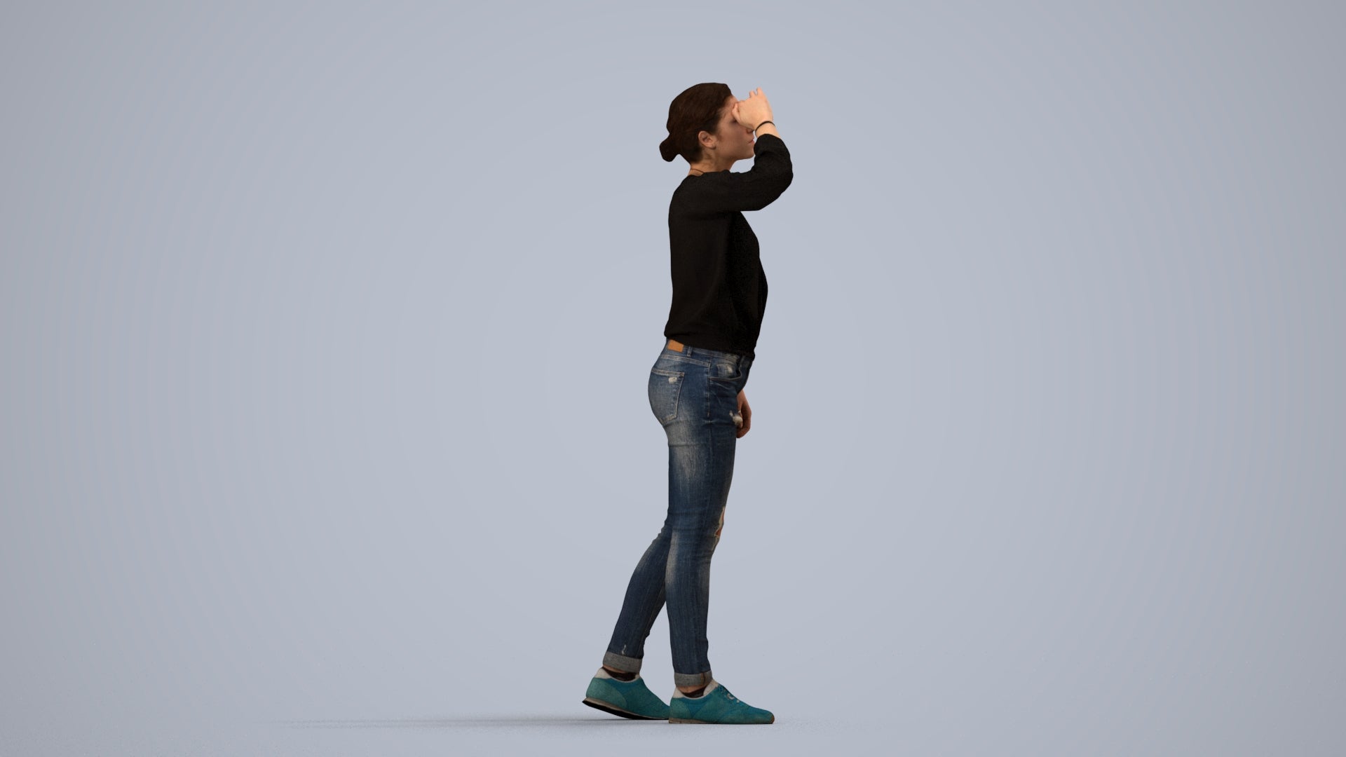 3D scanned woman standing casual, photorealistic archviz people for Enscape and SketchUp, side view render