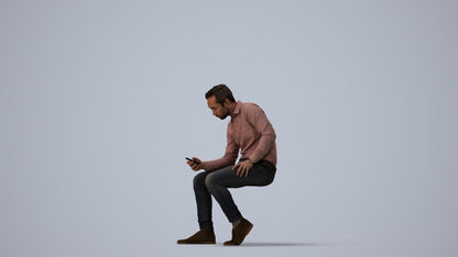 3D people model man casual sitting, scanned human for 3ds Max rendering, three-quarter view render
