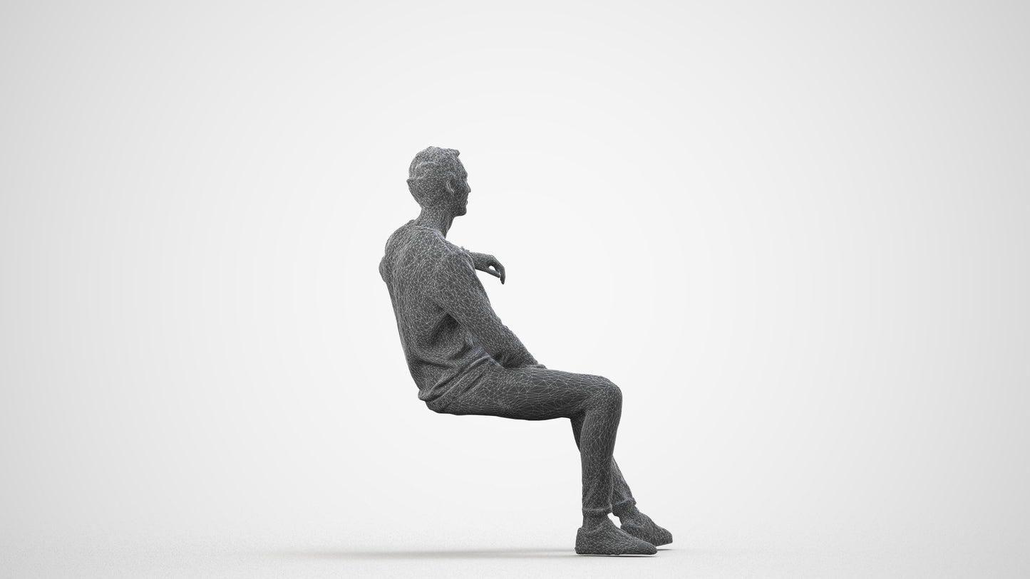 photogrammetry 3D man casual sitting, realistic human model archviz FBX, wireframe side view
