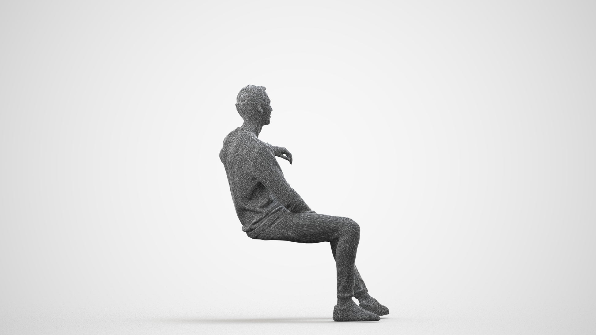 photogrammetry 3D man casual sitting, realistic human model archviz FBX, wireframe side view