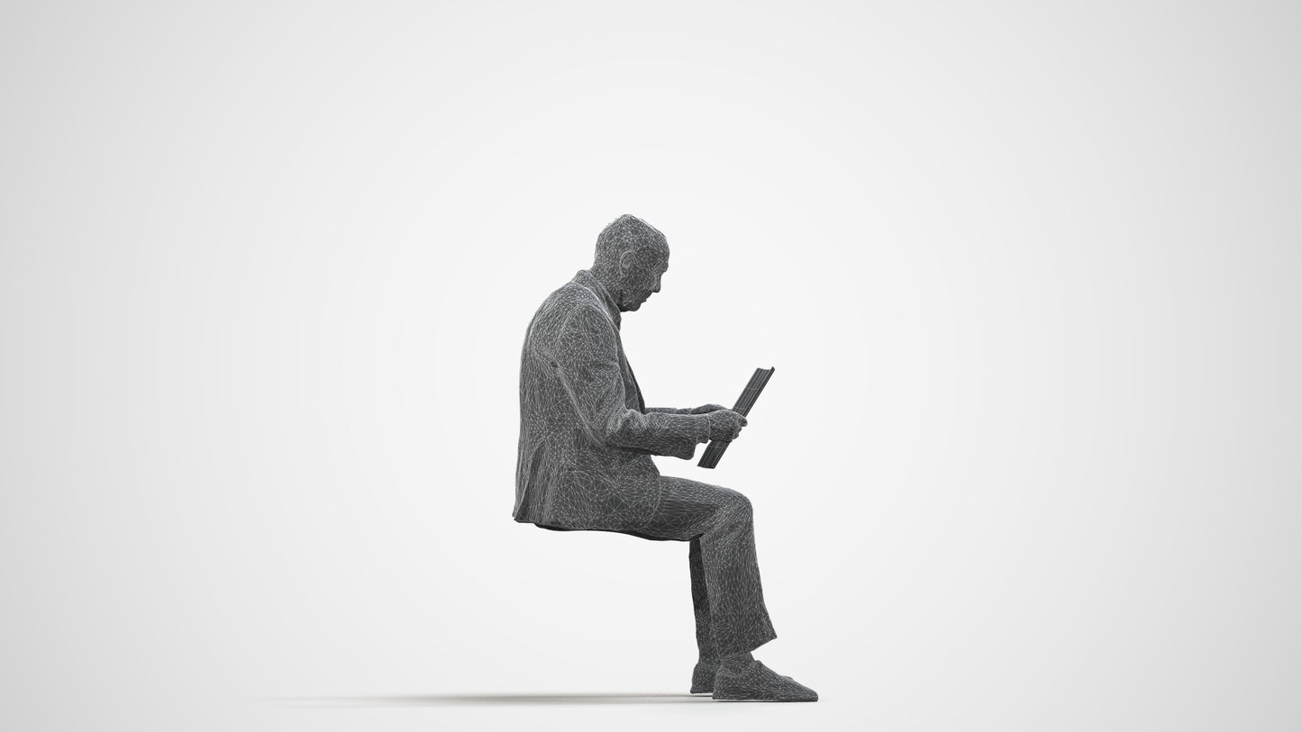 scanned 3D senior man business sitting, photogrammetry people for Enscape and V-Ray, wireframe side view