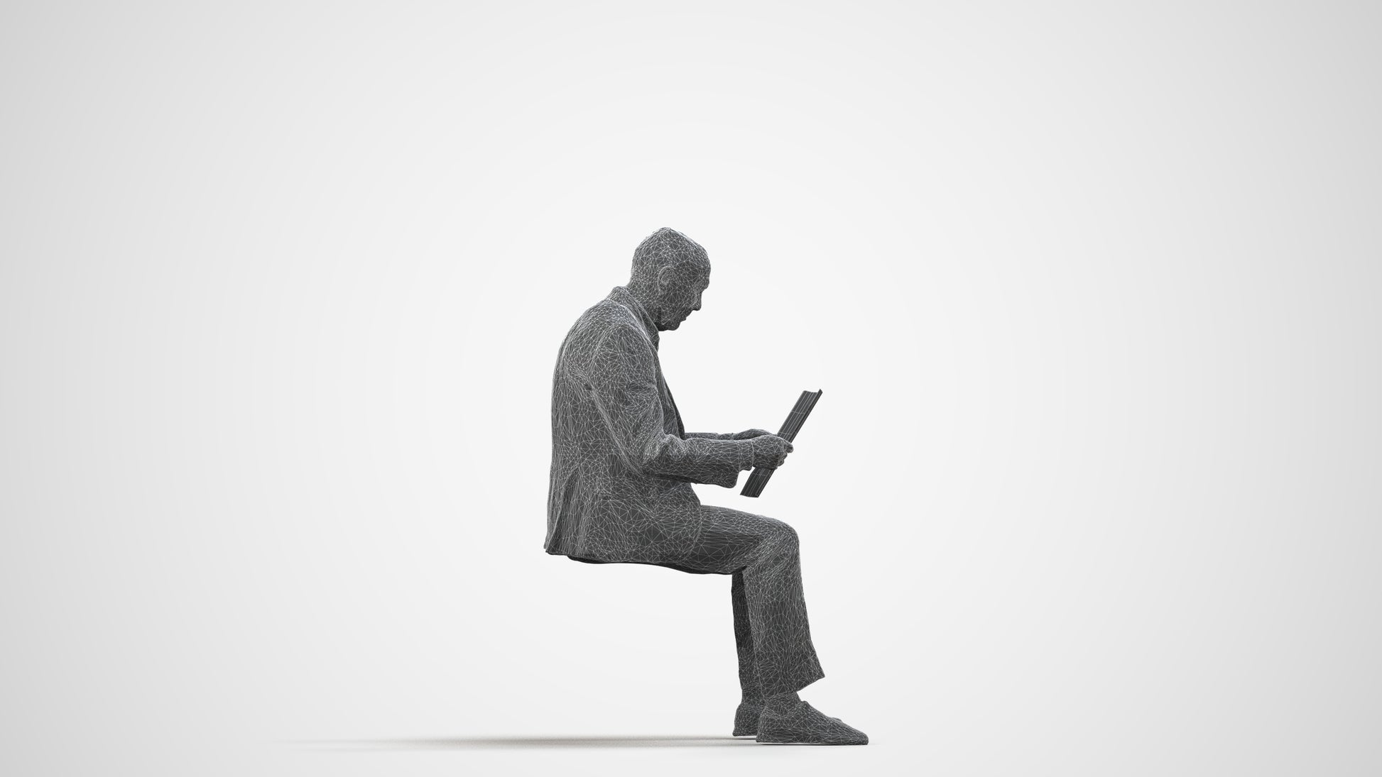 scanned 3D senior man business sitting, photogrammetry people for Enscape and V-Ray, wireframe side view