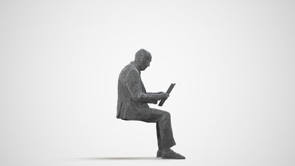 scanned 3D senior man business sitting, photogrammetry people for Enscape and V-Ray, wireframe side view