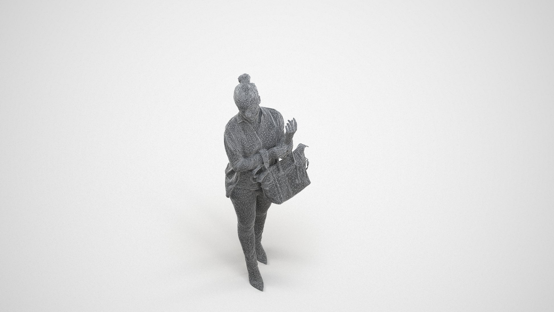 realistic 3D woman business standing, scanned archviz people for Blender and 3ds Max, wireframe three-quarter view