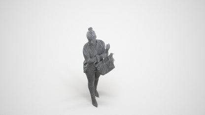 realistic 3D woman business standing, scanned archviz people for Blender and 3ds Max, wireframe three-quarter view