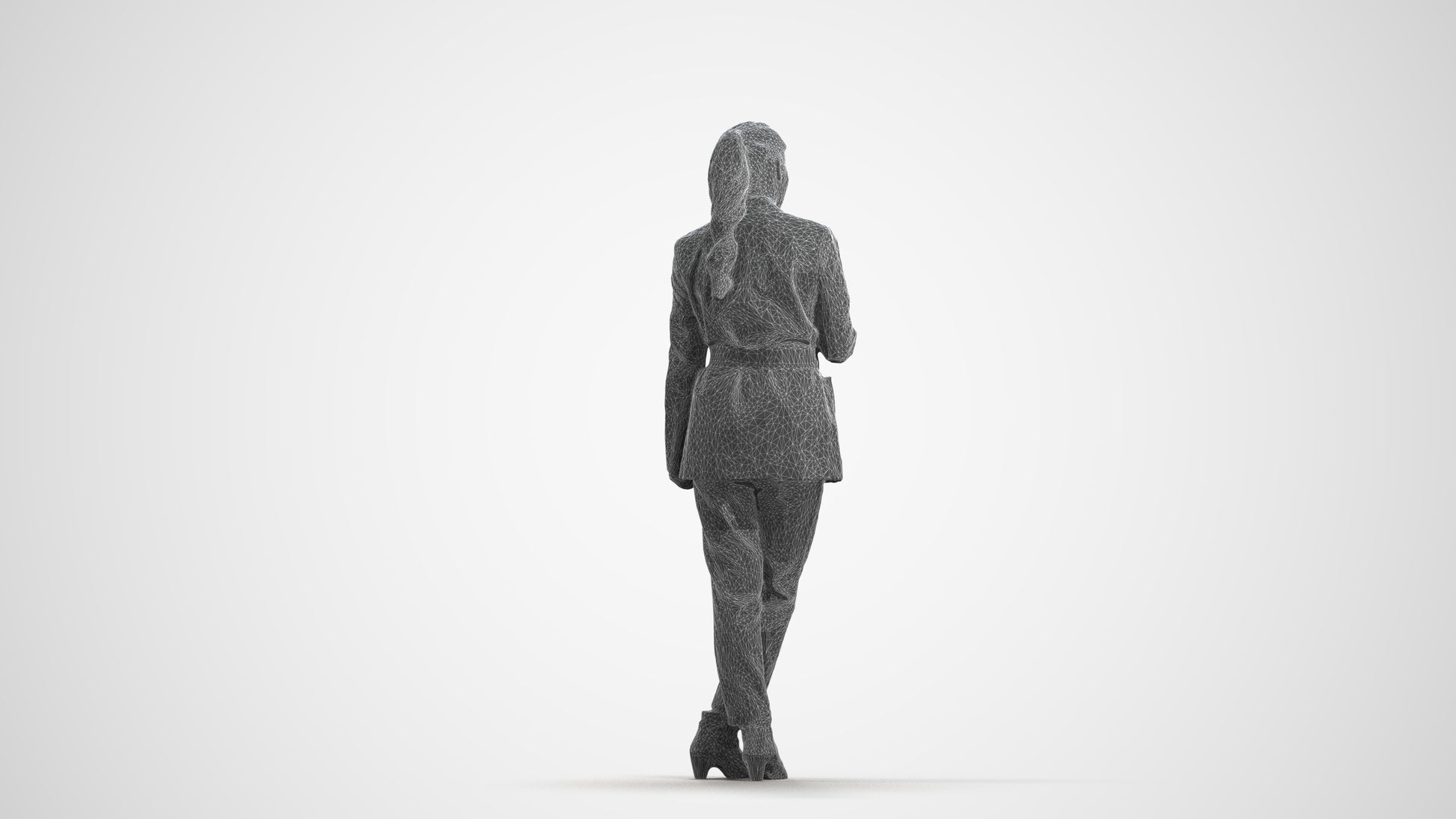 realistic 3D woman business standing, scanned archviz people for Blender and 3ds Max, wireframe front view