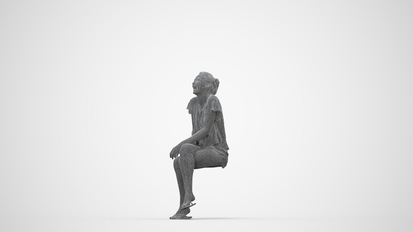 realistic 3D human woman casual sitting, archviz people FBX OBJ for Blender, wireframe back view