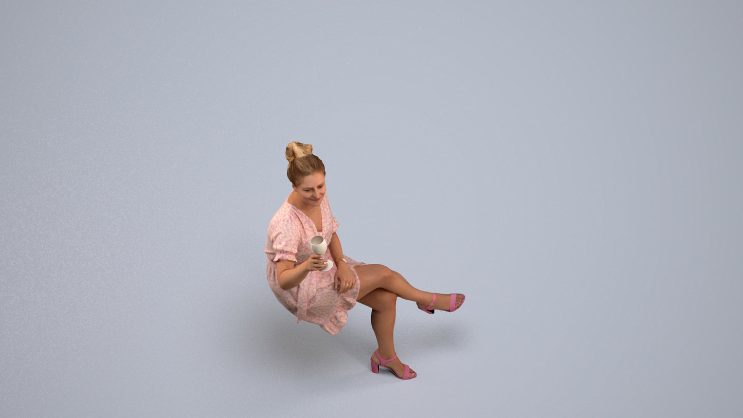 3D people model woman casual sitting, scanned human for 3ds Max rendering, back view render