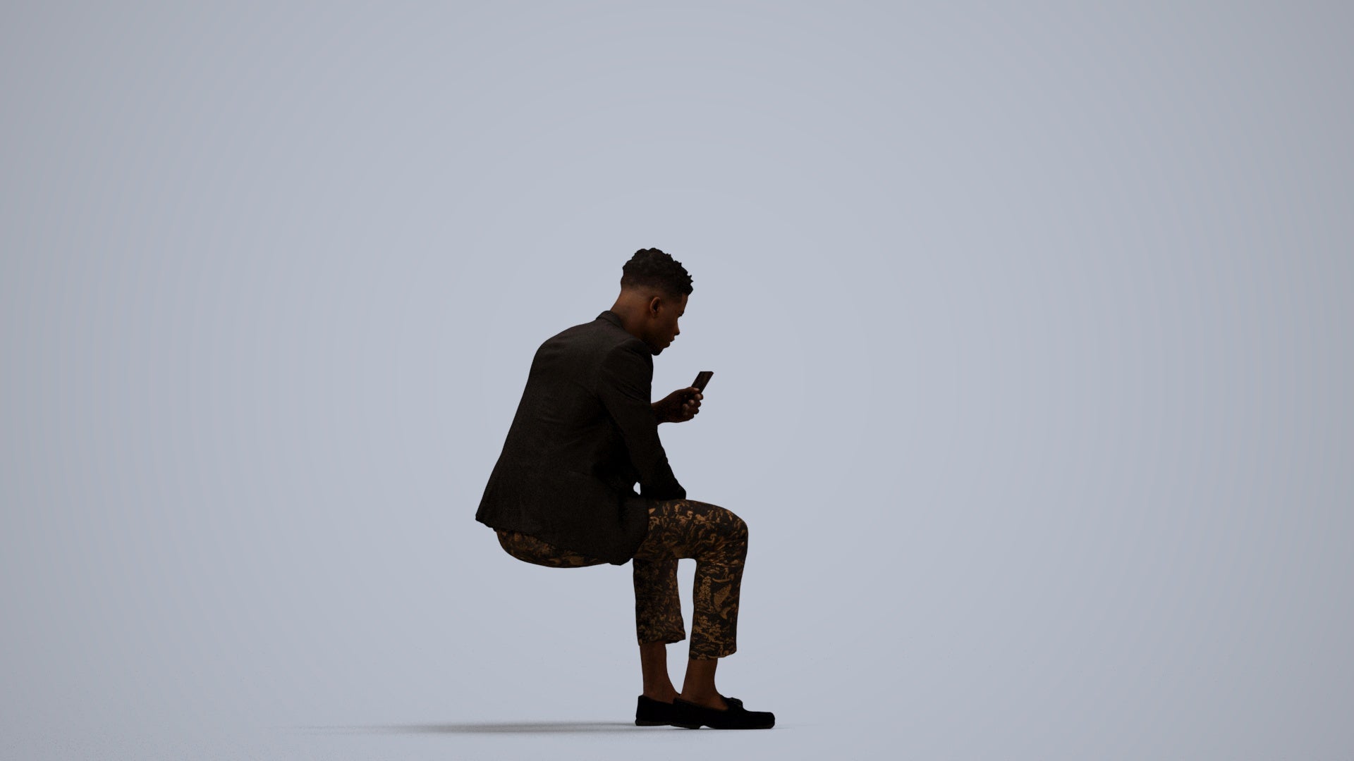realistic 3D man casual sitting, scanned archviz people for Blender and 3ds Max, side view render