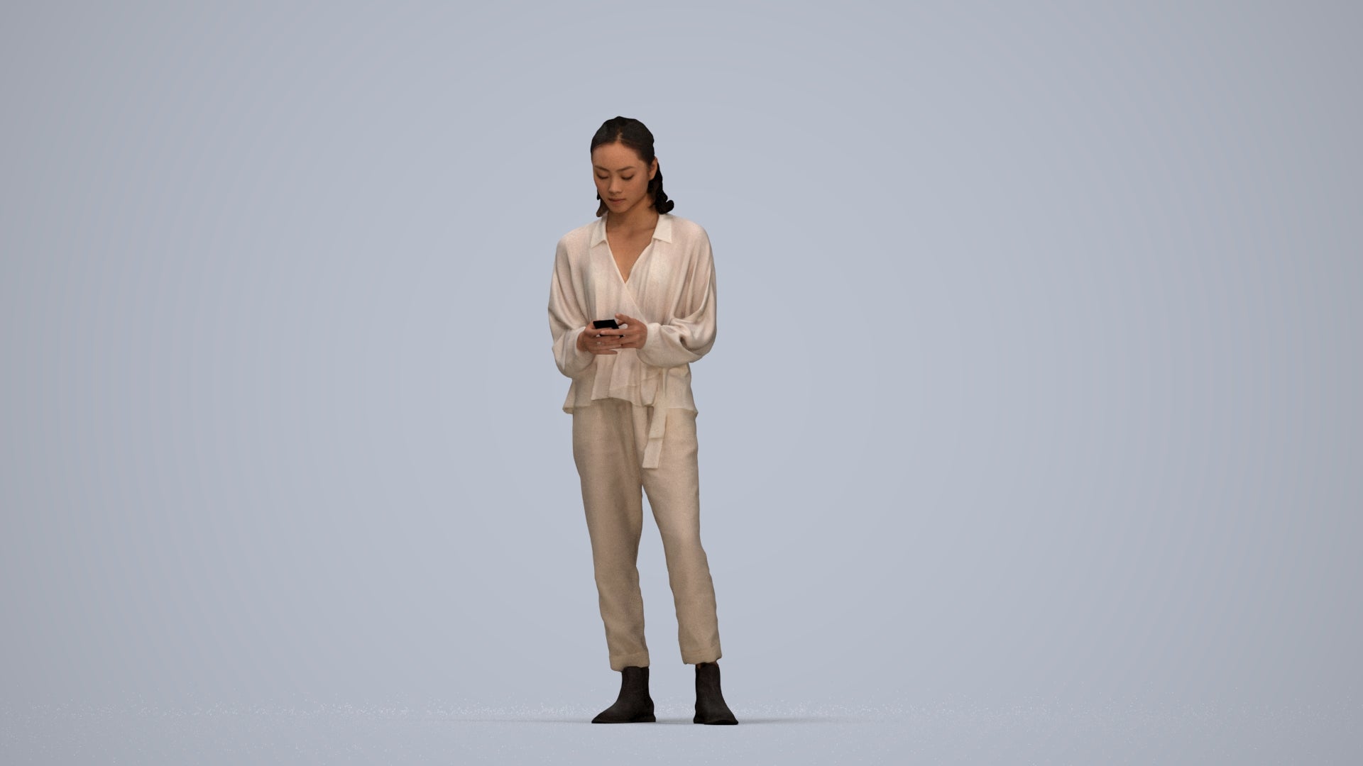 realistic 3D woman casual standing, scanned archviz people for Blender and 3ds Max, top-down view render
