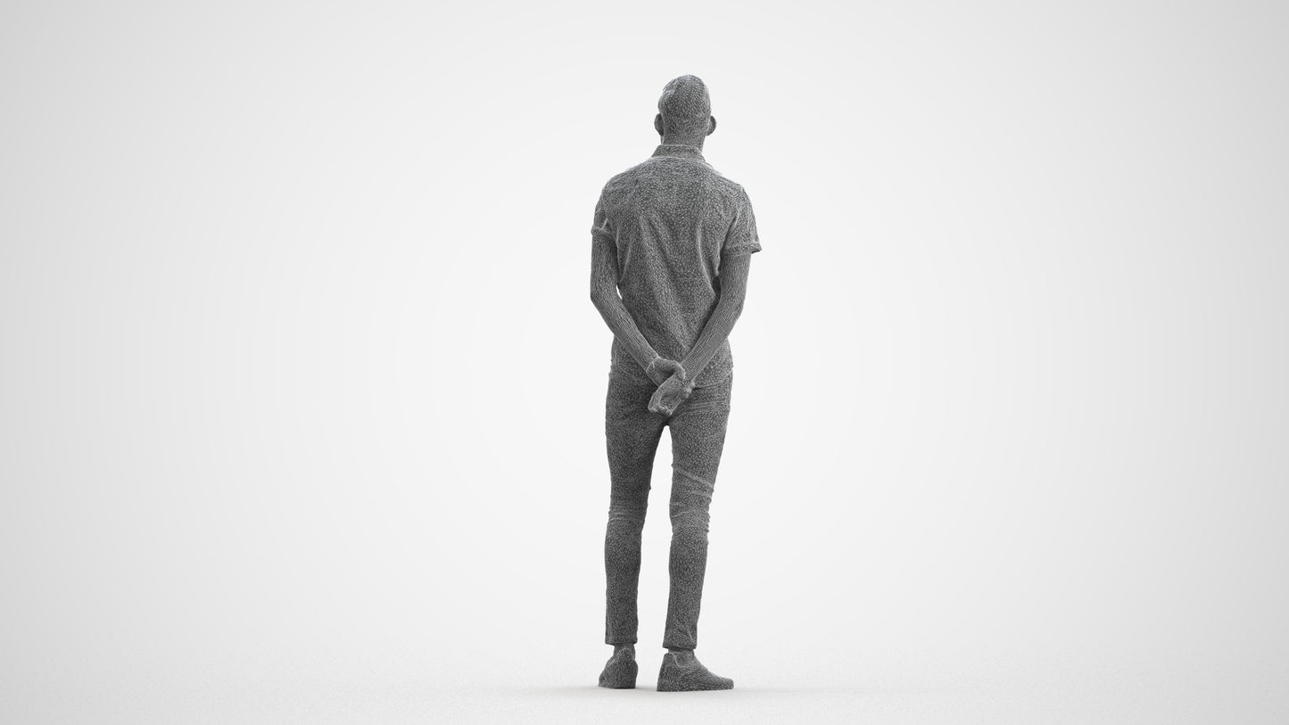 realistic 3D man casual standing, scanned archviz people for Blender and 3ds Max, wireframe front view