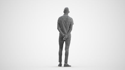 realistic 3D man casual standing, scanned archviz people for Blender and 3ds Max, wireframe front view