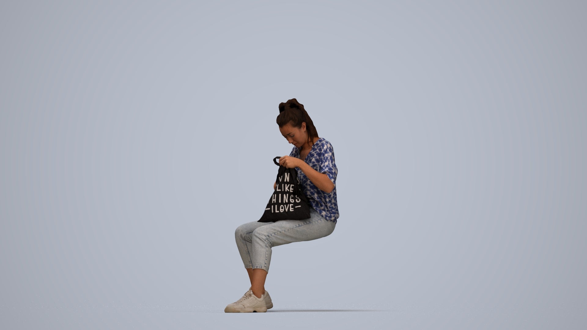 photogrammetry 3D woman casual sitting, realistic human model archviz FBX, top-down view render