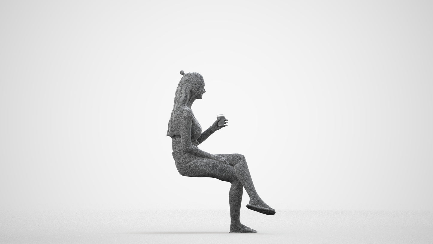 realistic 3D people girl casual sitting, render-ready for V-Ray and Corona, FBX OBJ, wireframe side view