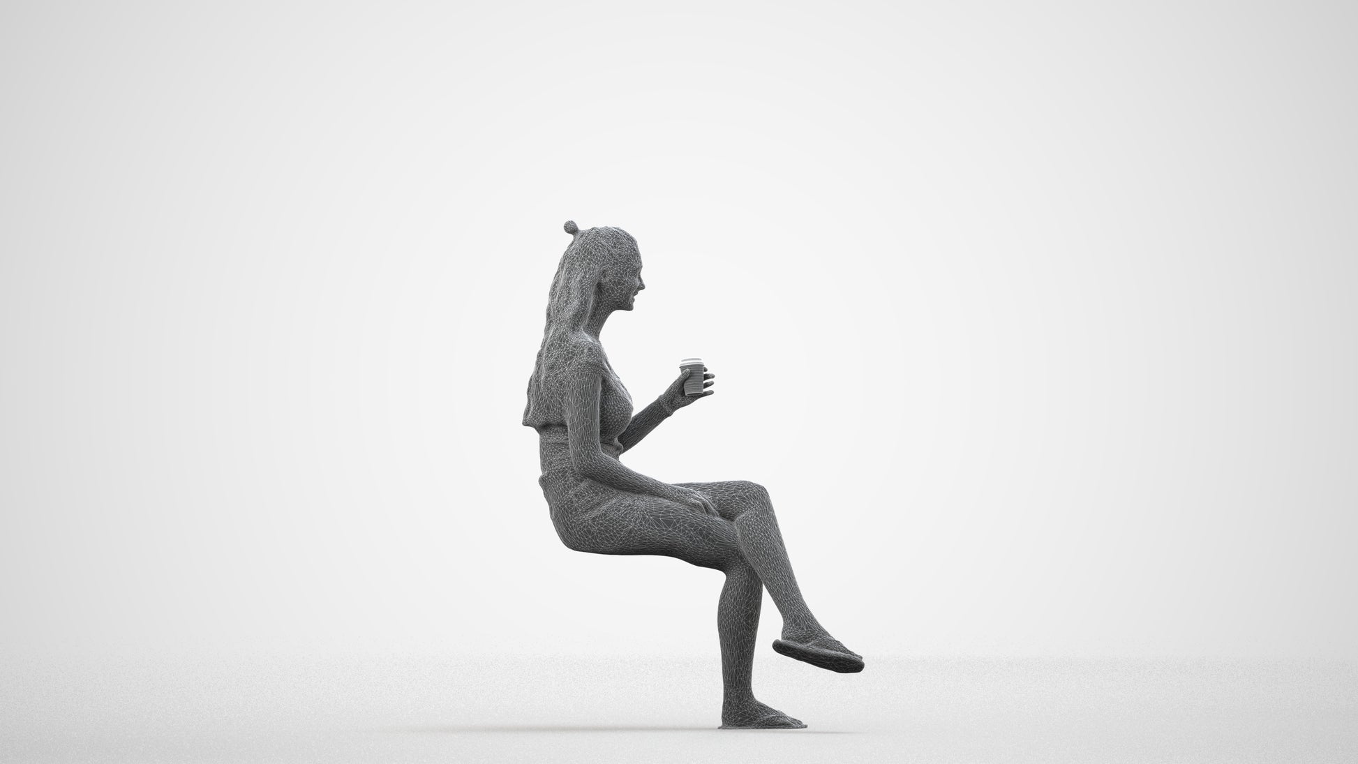 realistic 3D people girl casual sitting, render-ready for V-Ray and Corona, FBX OBJ, wireframe side view
