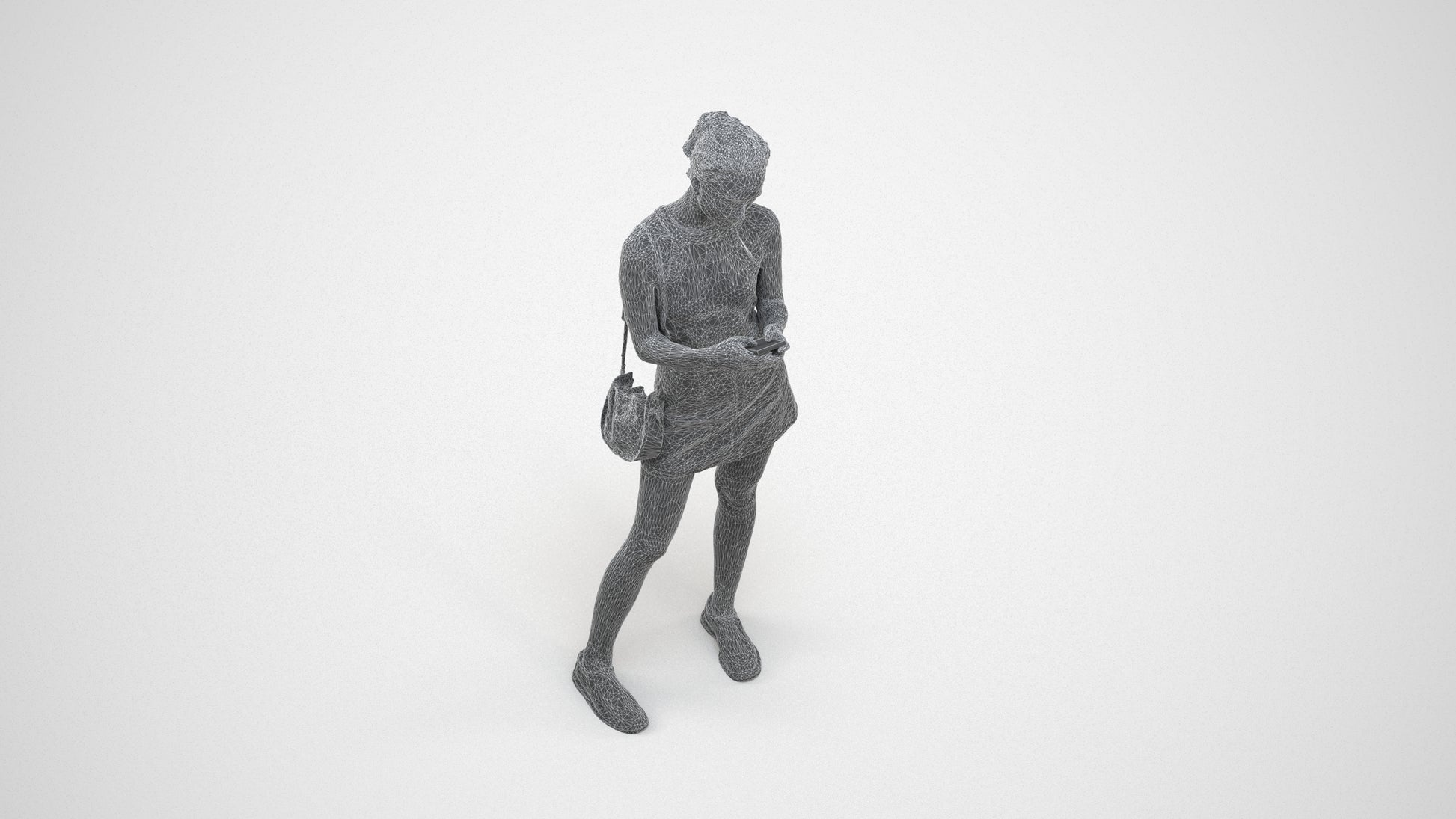 photogrammetry 3D woman casual standing, realistic human model archviz FBX, wireframe three-quarter view